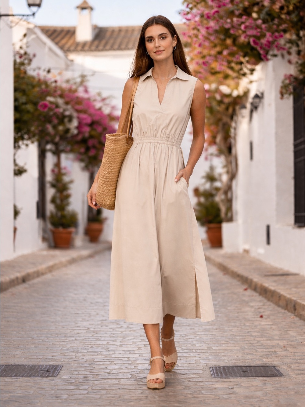 NWT Calvin Klein Beige Cotton Midi Shirt Dress Size 10 Open Back Poplin Utility